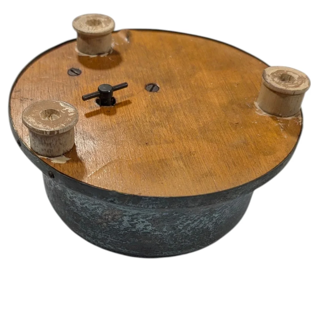 Antique Wind Up Music Powder Box With Victorian Imagery On Lid. Works.